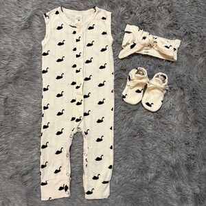 Kate Quinn Pointelle Swan Tank Romper Booties Bow Bundle Girls 12-18 Months